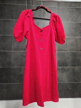 White-dots red dress with puff sleeves